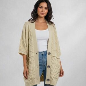 Cardigan Women’s Sweater XL Open Knit ivory Textured Wool Blend Winter